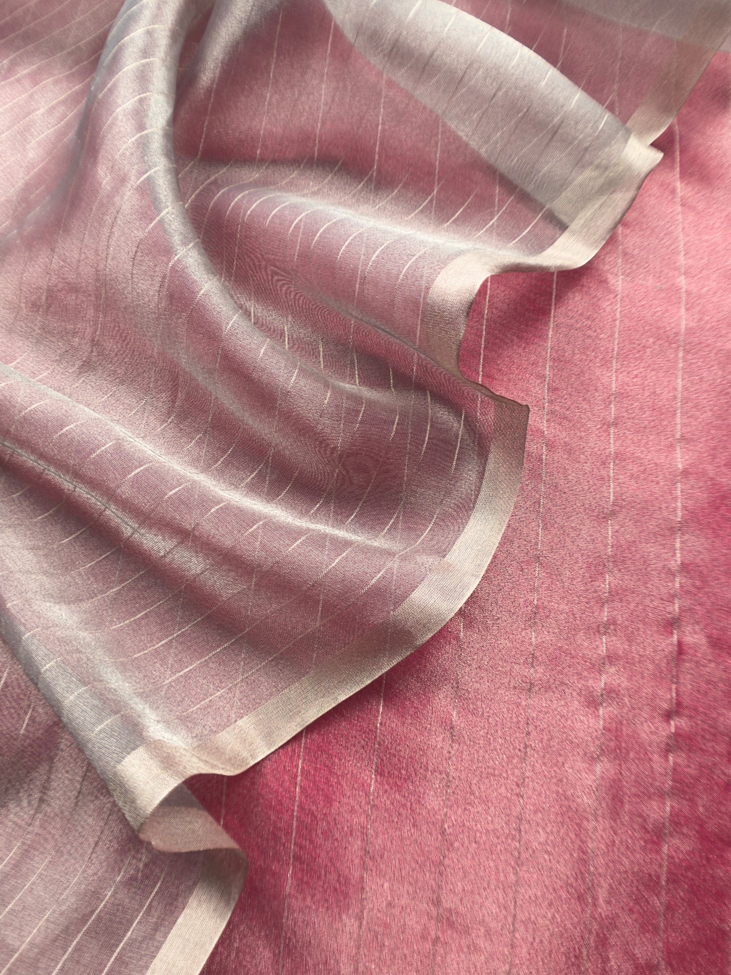Raspberry Pink And Grey Handloom Tissue Silk Suit With Silver Zari Weaves