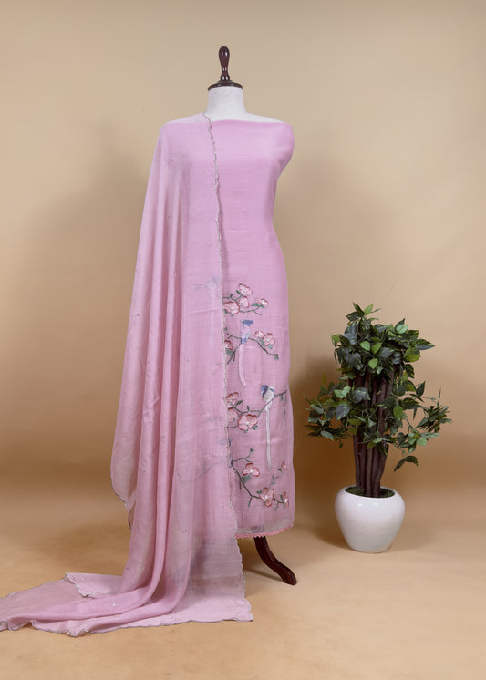 Blush Pink Pure Mul Parrot Suit With Resham Embroidery, Sequins And Pearls