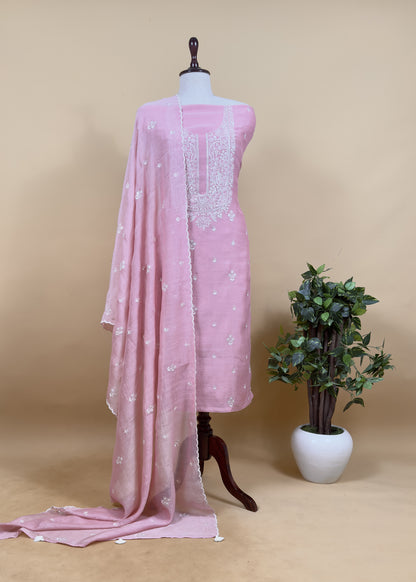 Ash Grey Pure Mul Chanderi Suit With Resham Embroidery