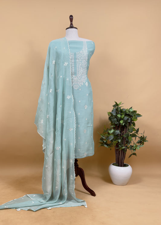 Pastel Blue Pure Mul Chanderi Suit With Resham Embroidery