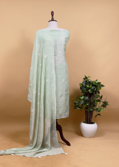 Ash Grey Pure Mul Chanderi Suit With Resham Embroidery
