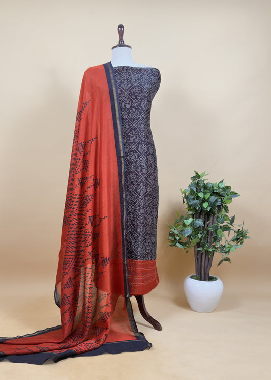 Blue With Orange Maheshwari Silk Suit With Bandhani And Kantha Work