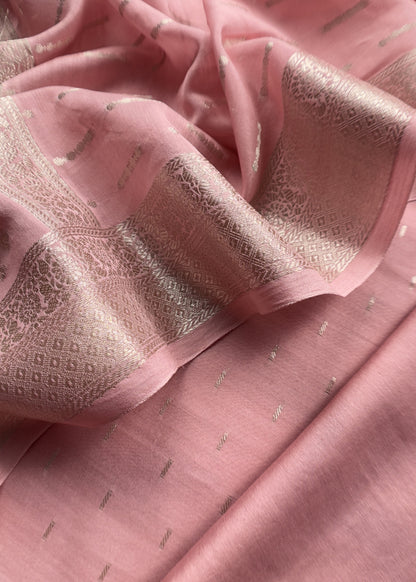 Pink And Deep Pink Contrast Banarasi Handloom Silk Suit fabric