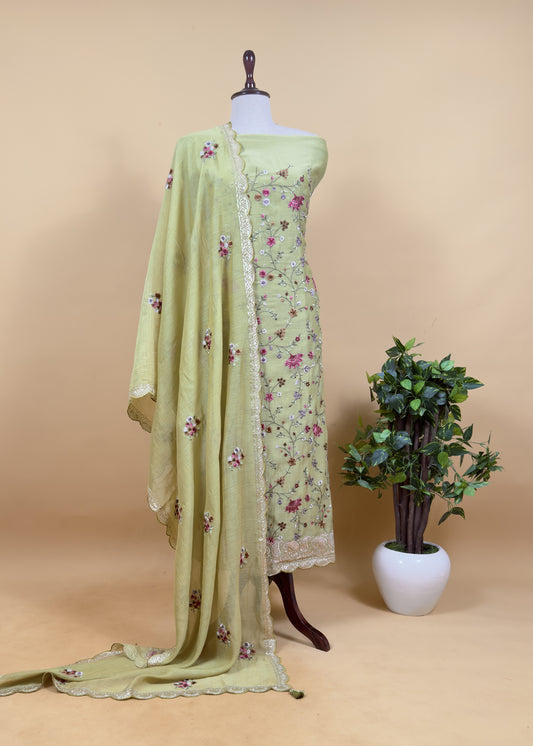Green Pitta Embroidered Unstitched Suit in Pure Mul