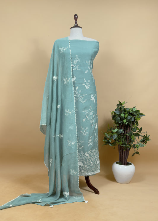 Basil Green Mul Chanderi Suit With Flamingo And Peacock Embroidery