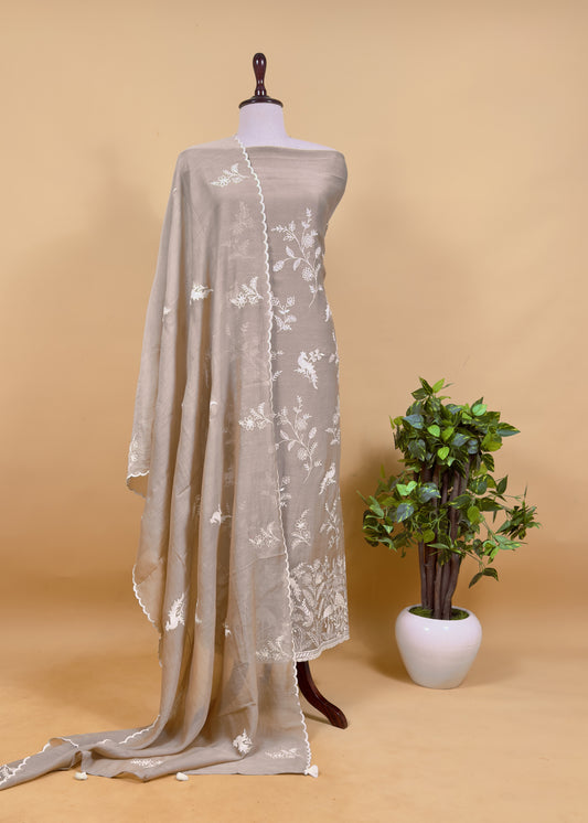 Brown Mul Chanderi Suit With Flamingo And Peacock Embroidery