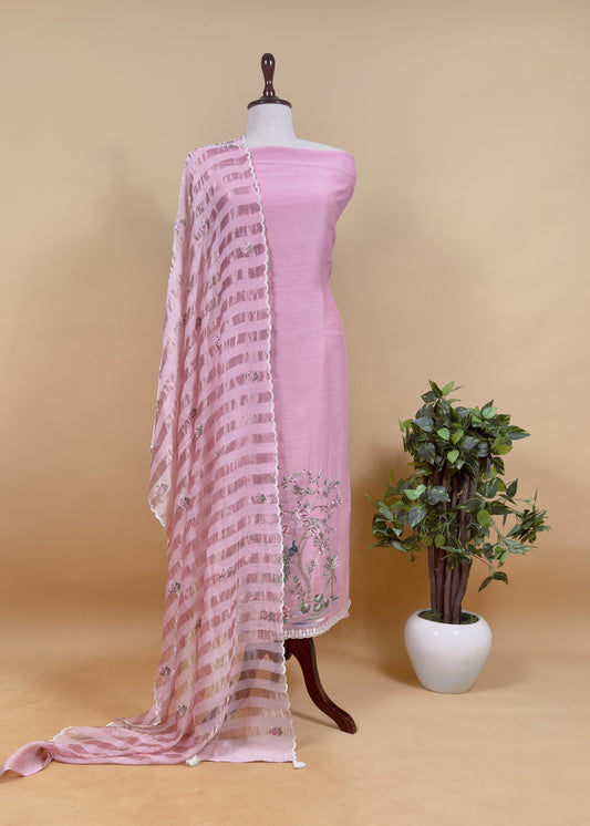 Pink Handloom Mul Suit With Peacock Resham Bharwa Embroidery