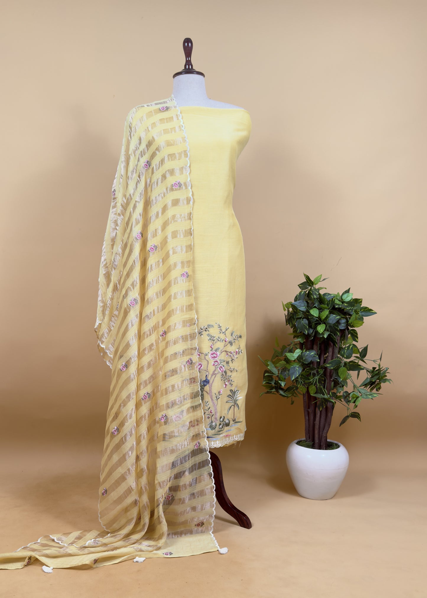 Almond beige Handloom Mul Suit with Peacock Resham Bharwa Embroidery
