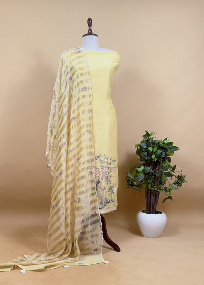 Light Blue Handloom Mul Suit With Peacock Resham Bharwa Embroidery
