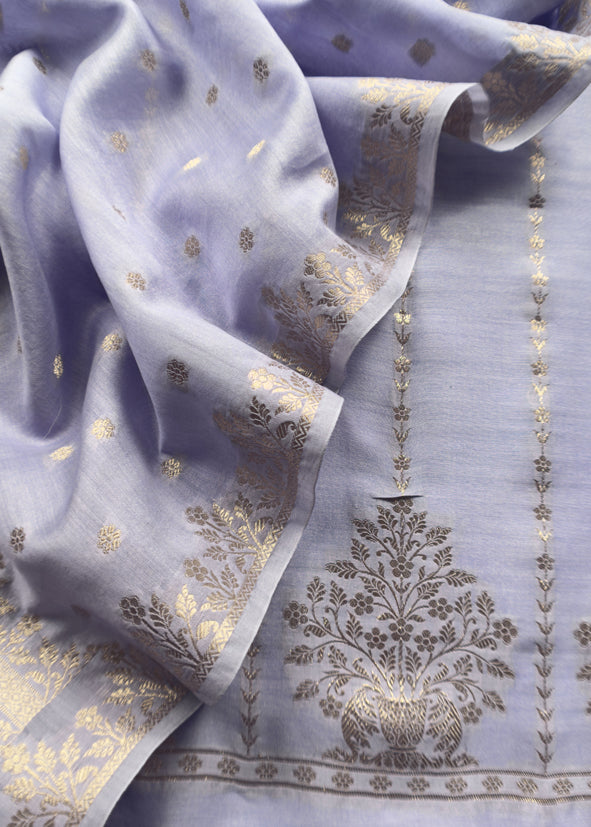 Guldasta 2025 Steel Blue Pure Silk Suit With Gold Weaving