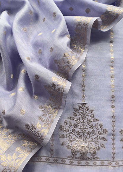 Guldasta 2025 Steel Blue Pure Silk Suit With Gold Weaving