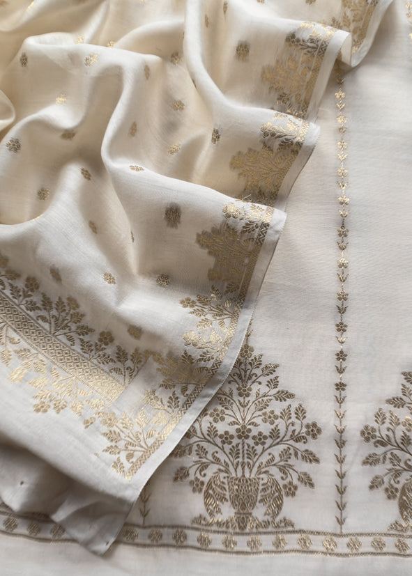 Guldasta 2025 White Pure Silk Suit With Gold Weaving