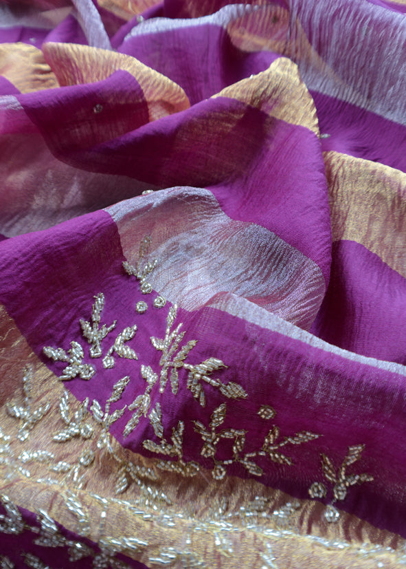 Gold And Wine Pure Tissue Silk Woven Suit Fabric With Cutdana Handwork
