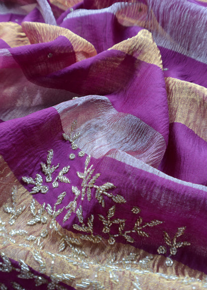 Gold And Wine Pure Tissue Silk Woven Suit Fabric With Cutdana Handwork