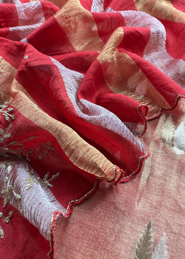 Gold And Red Pure Tissue Silk Woven Suit Fabric With Cutdana Handwork