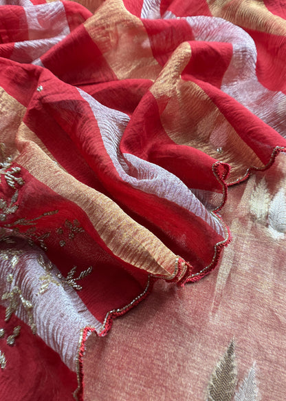 Gold And Red Pure Tissue Silk Woven Suit Fabric With Cutdana Handwork
