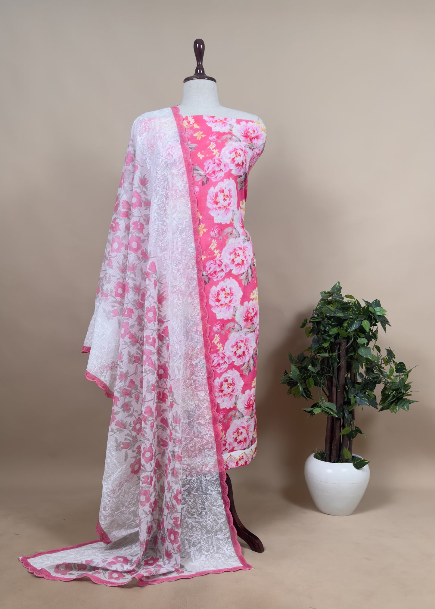 Lime Cotton Suit With Kota Embroidered Dupatta