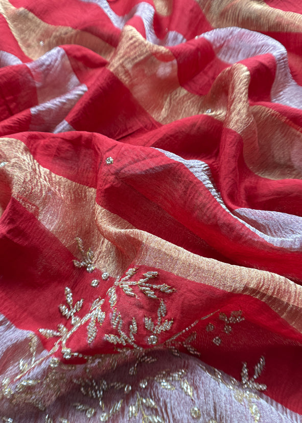 Gold And Red Pure Tissue Silk Woven Suit Fabric With Cutdana Handwork
