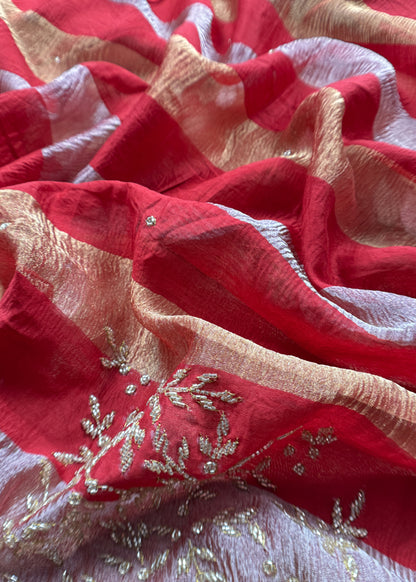 Gold And Red Pure Tissue Silk Woven Suit Fabric With Cutdana Handwork