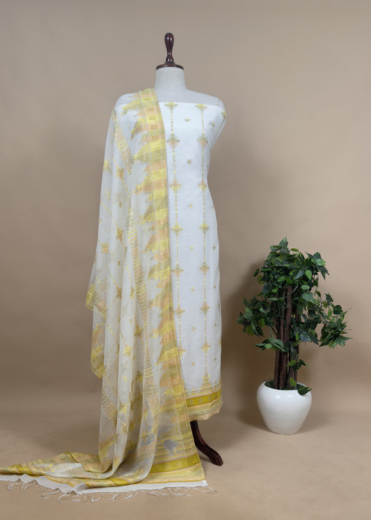 White And Yellow Cotton Silk Suit With Zari Weaving