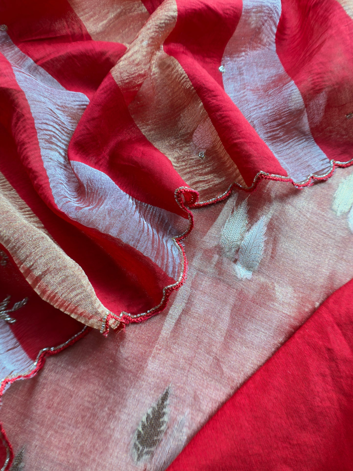 Gold And Red Pure Tissue Silk Woven Suit Fabric With Cutdana Handwork