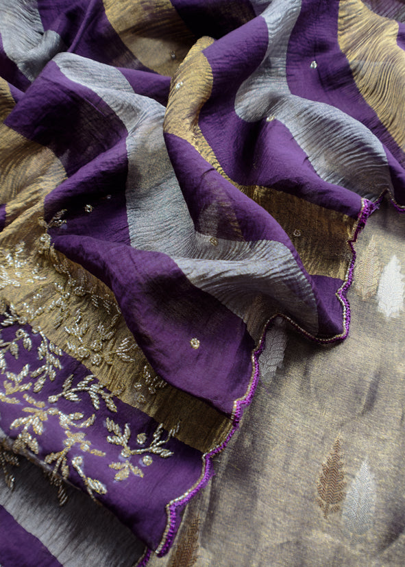 Gold And Jamun Pure Tissue Silk Woven Suit Fabric With Cutdana Handwork