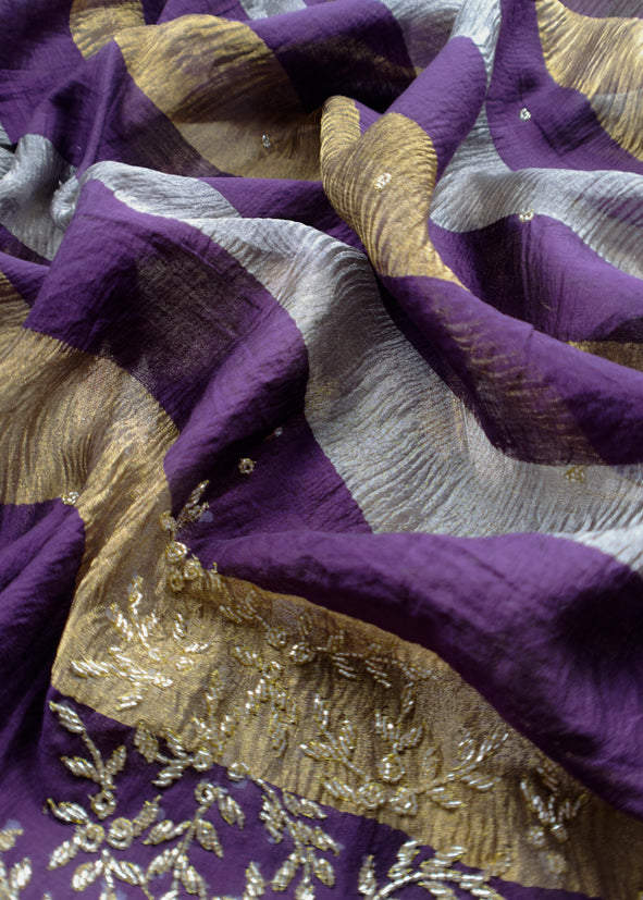 Gold And Jamun Pure Tissue Silk Woven Suit Fabric With Cutdana Handwork
