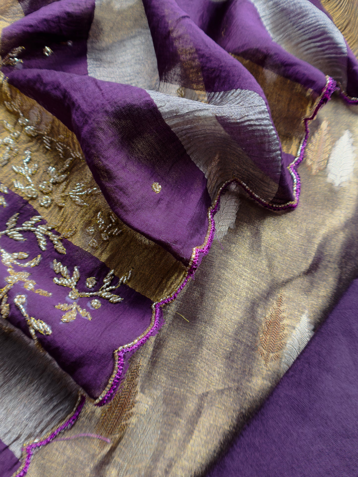 Gold And Jamun Pure Tissue Silk Woven Suit Fabric With Cutdana Handwork