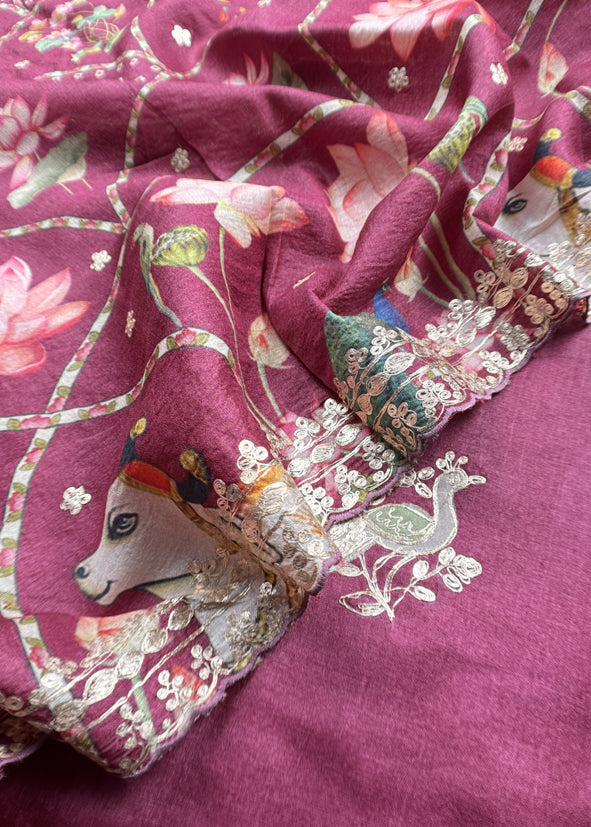 Classic Wine Munga Tussar Kurta And Pichwai Dupatta With Pitta Work