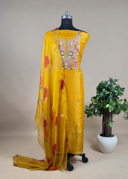 Yellow Organza Punjabi Suit set With Dupatta