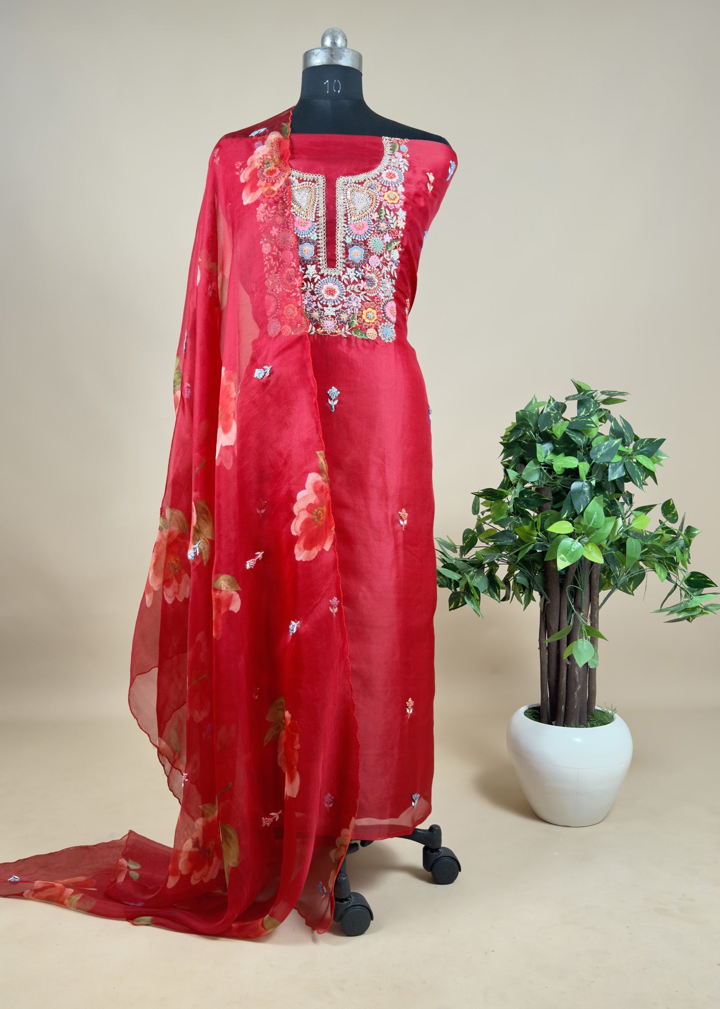 Red Embroidered Organza Suit Set With Hand Brushed Dupatta