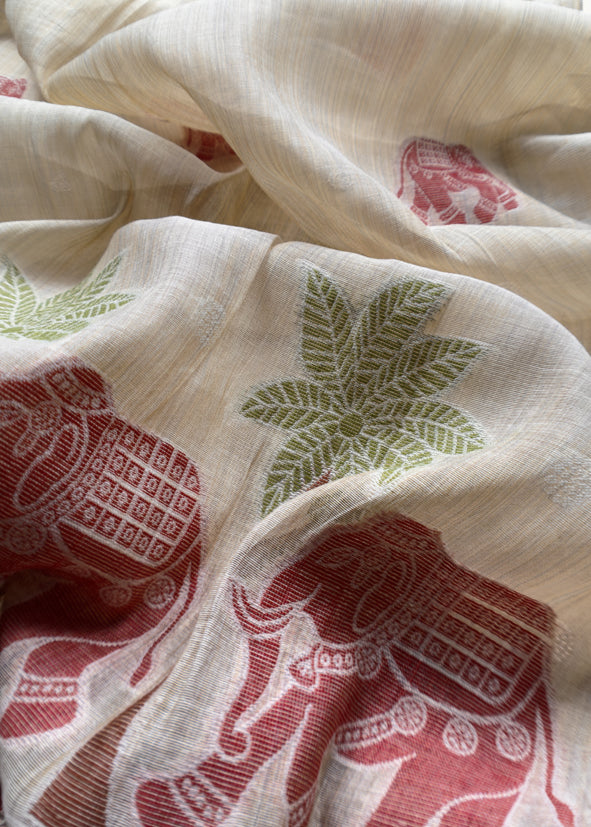Red Pure Linen Haathi Embroidered Suit With Jamdani Weaving