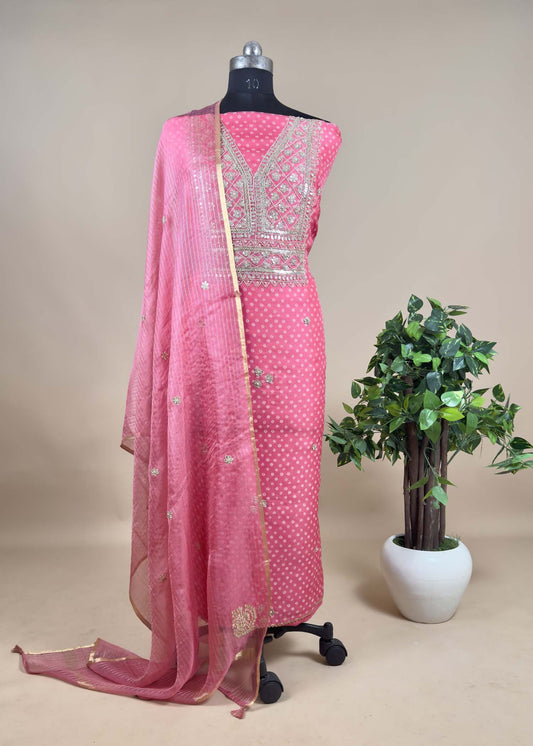 Pink Gota-Pati Embroidered Bandhani Organza Suit Set