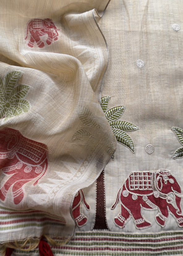 Red Pure Linen Haathi Embroidered Suit With Jamdani Weaving