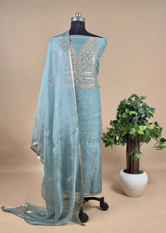 Blue Gota-Pati Embroidered Bandhani Organza Suit Set