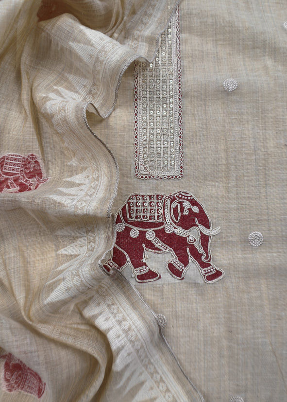 Red Pure Linen Haathi Embroidered Suit With Jamdani Weaving