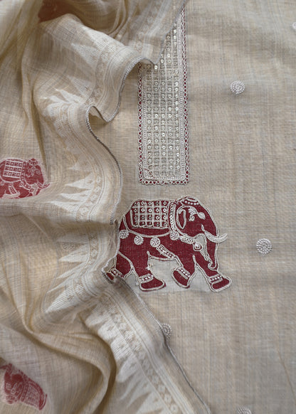 Red Pure Linen Haathi Embroidered Suit With Jamdani Weaving