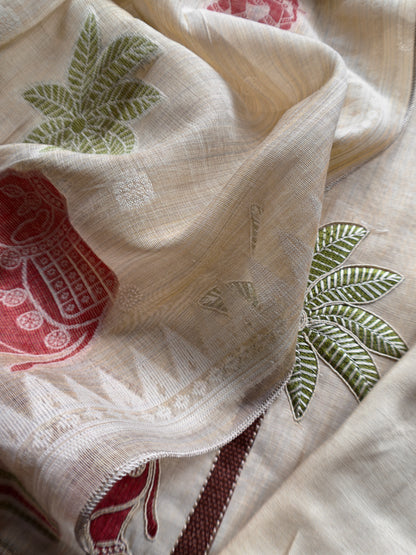 Red Pure Linen Haathi Embroidered Suit With Jamdani Weaving