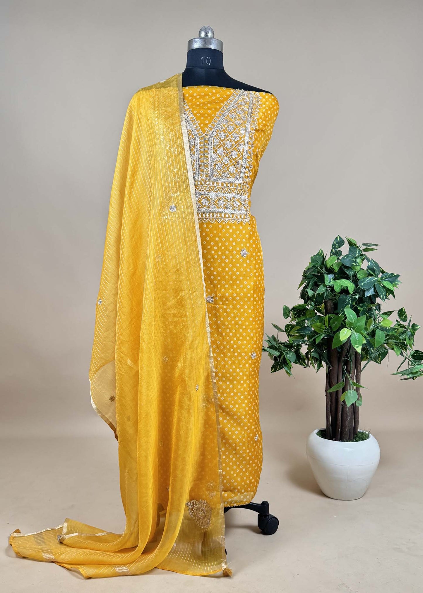 Yellow Gota-Pati Embroidered Bandhani Organza Suit Set