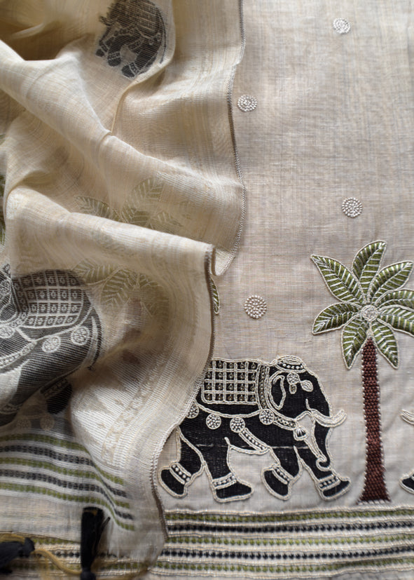 Black Pure Linen Haathi Embroidered Suit With Jamdani Weaving