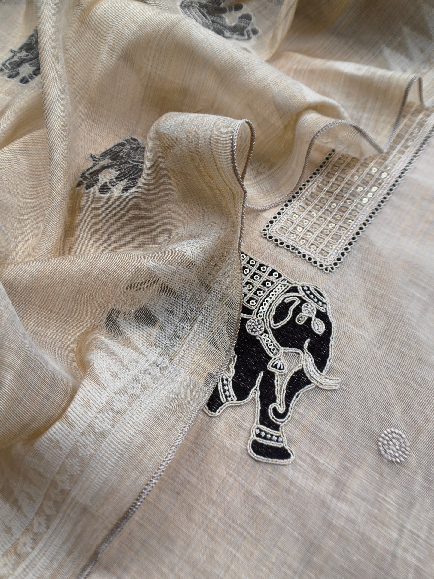 Black Pure Linen Haathi Embroidered Suit With Jamdani Weaving