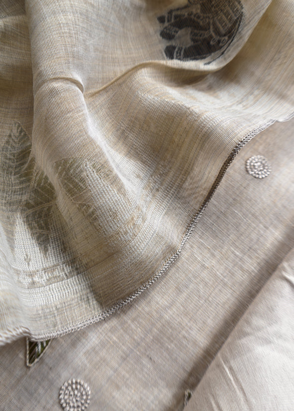 Black Pure Linen Haathi Embroidered Suit With Jamdani Weaving