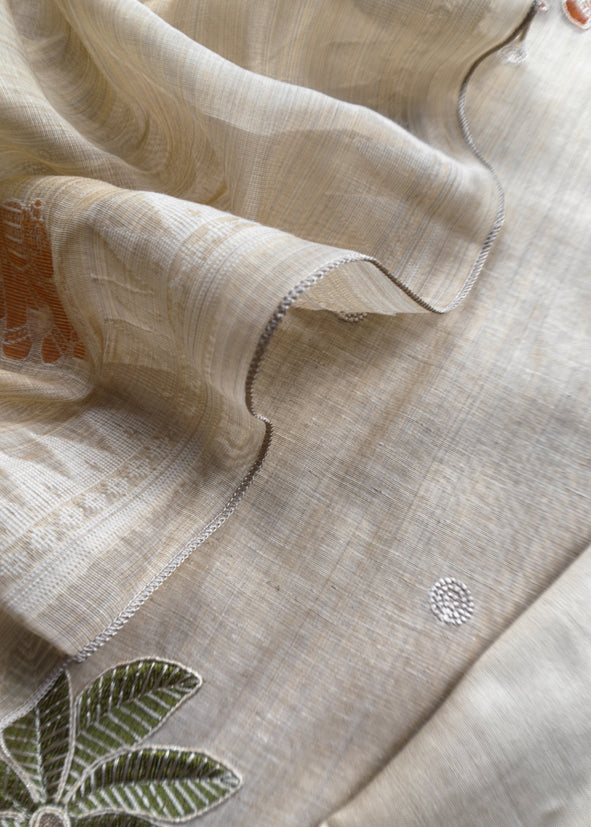 Orange Pure Linen Haathi Embroidered Suit With Jamdani Weaving