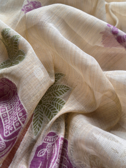 Purple Pure Linen Haathi Embroidered Suit With Jamdani Weaving