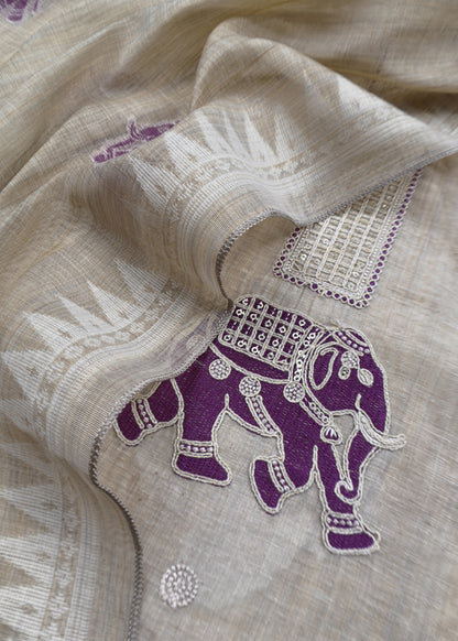 Purple Pure Linen Haathi Embroidered Suit With Jamdani Weaving