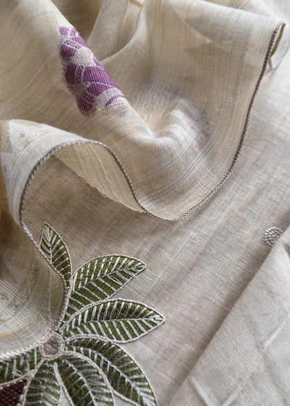 Purple Pure Linen Haathi Embroidered Suit With Jamdani Weaving