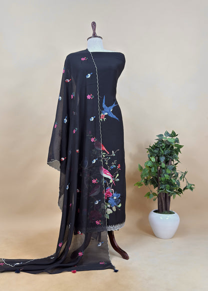 Black Pure Mul Cotton Chidiya Embroidered Suit With Dupatta
