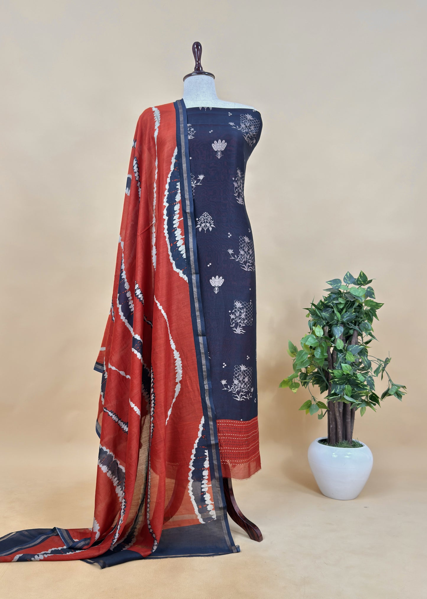Blue With Orange Handloom Patola Unstitched Suit In Maheshwari Silk