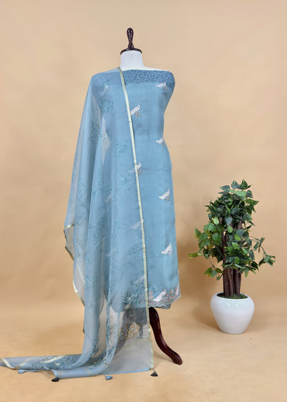 Blue Kora Silk Embroidered Kurta And Floral Digital Print Dupatta