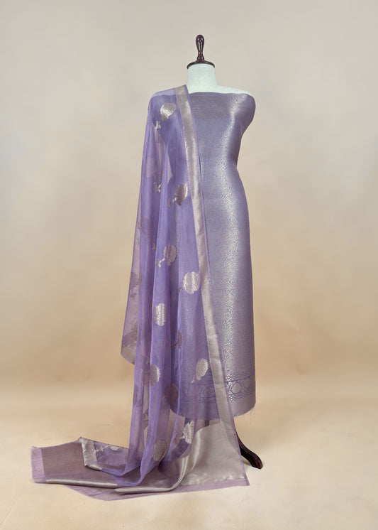 Light Purple Banarasi Silk Brocade Suit With Organza Dupatta